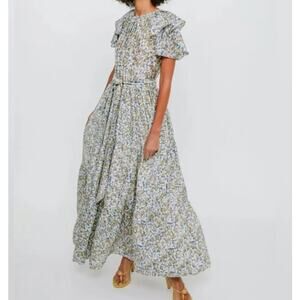 Mirth Vienna Silk Blend Belted Ruffled Floral Print Maxi Dress Green Size XS